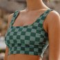 Green Checkered Print Square Neck Cropped Swim Top