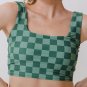 Green Checkered Print Square Neck Cropped Swim Top