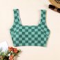 Green Checkered Print Square Neck Cropped Swim Top