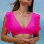 Rose Red Ruffled V Neck Swim Top