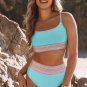 Sky Blue Striped Patchwork Spaghetti Strap High Waist Bikini Swimsuit