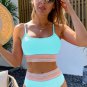 Turquoise Striped Patchwork Spaghetti Strap High Waist Bikini Swimsuit