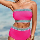 Rose Red Contrast Banding Tube Bikini High Waist 2pcs Swimsuit