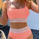 Peach Blossom Striped Patchwork Spaghetti Strap Bikini Swimsuit