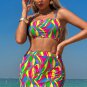 Multicolour Abstract Print Textured Spaghetti Strap High Waist Bikini Set