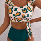 Green Leopard Print U Neck Knotted High Waist Bikini Set