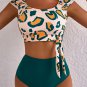 Green Leopard Print U Neck Knotted High Waist Bikini Set