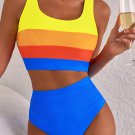 Blue Colorblock Square Neck Top Pleated High Waisted Bikini