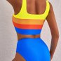 Blue Colorblock Square Neck Top Pleated High Waisted Bikini