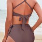 Chicory Coffee Crossed Straps Knot Side High Waist Bottom 2pcs Swimsuit