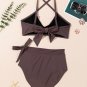 Chicory Coffee Crossed Straps Knot Side High Waist Bottom 2pcs Swimsuit