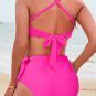 Rose Red Crossed Straps Knot Side High Waist Bottom 2pcs Swimsuit