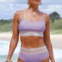 Orchid Petal Striped Patchwork Spaghetti Strap High Waist Bikini Swimsuit