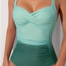 Green Gradient Crossed Bust Ruched One Piece Swimwear