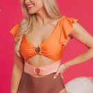 Orange Ruffle Sleeve Tricolor Cutout Front Ring One Piece Swimsuit