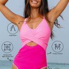 Rose Red Ric Rac Trim Contrasted Patchwork Cutout One Piece Swimsuit