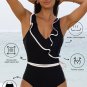 Black Color Contrast Ruffled Wrap V Neck Swimsuit