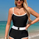 Black Contrast Trim Two Tone Belted One Piece Swimsuit