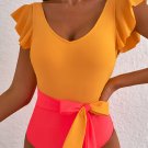 Vitality Orange Color Block Ruffled Knotted Backless One Piece Swimsuit