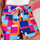 Rose Geometric Printed Drawstring Waist Beach Shorts with Pockets