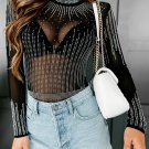 Black Rhinestone Sheer Mesh Long Sleeve Bodysuit