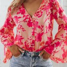 Pink Floral Print Tiered Bell Long Sleeve Buttoned Bodysuit