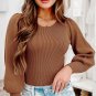 Brown Ribbed Balloon Sleeve Bodysuit