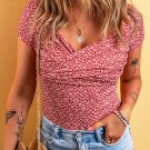 Red Wrapped V Neck Short Sleeve Floral Bodysuit