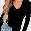 Black Velvet Beaded Long Sleeve V Neck Bodysuit
