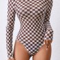 Brown Checkered Printed Long Sleeve High Neck Bodysuit