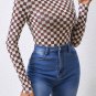 Brown Checkered Printed Long Sleeve High Neck Bodysuit