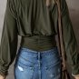 Moss Green Ruched Wrap V Neck Long Sleeve Bodysuit