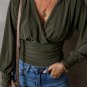 Moss Green Ruched Wrap V Neck Long Sleeve Bodysuit
