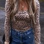 Smoke Gray Leopard Print Long Sleeve Scoop Neck Slim Fit Bodysuit