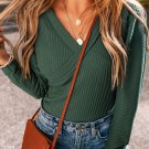 Blackish Green Waffle Knit Slim Fit Wrap V Neck Bodysuit