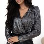 Black Sequin Mesh Long Sleeve Surplice Neck Bodysuit