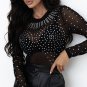 Black Rhinestone Sheer Mesh Long Sleeve Bodysuit