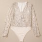 Beige Sequin Long Sleeve Wrap V Neck Bodysuit