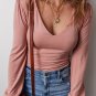 Fushia Plain V neck Long Sleeve Casual Bodysuit