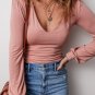 Fushia Plain V neck Long Sleeve Casual Bodysuit