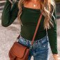 Blackish Green Solid Color Square Neck Long Sleeve Slim Fit Bodysuit