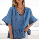 Dusk Blue Denim Ruffled Sleeve Lace up Front Peplum Top