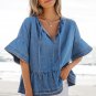 Dusk Blue Denim Ruffled Sleeve Lace up Front Peplum Top