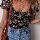 Black Floral Print U Neck Short Puff Sleeve Bodysuit