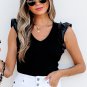 Black Leatherette Ruffle Patchwork Ribbed V Neck Bodysuit
