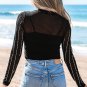 Black Rhinestone Decor Striped Mesh Long Sleeve Bodysuit