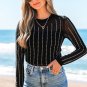 Black Rhinestone Decor Striped Mesh Long Sleeve Bodysuit