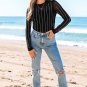 Black Rhinestone Decor Striped Mesh Long Sleeve Bodysuit