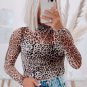 Brown Leopard Smocked Neck Mesh Long Sleeve Bodysuit