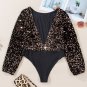 Black Deep V Back Sequin Puff Sleeve Bodysuit